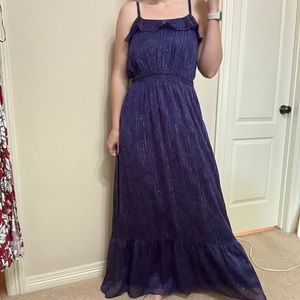 Express paisley maxi dress. Purple floral and gold detail.